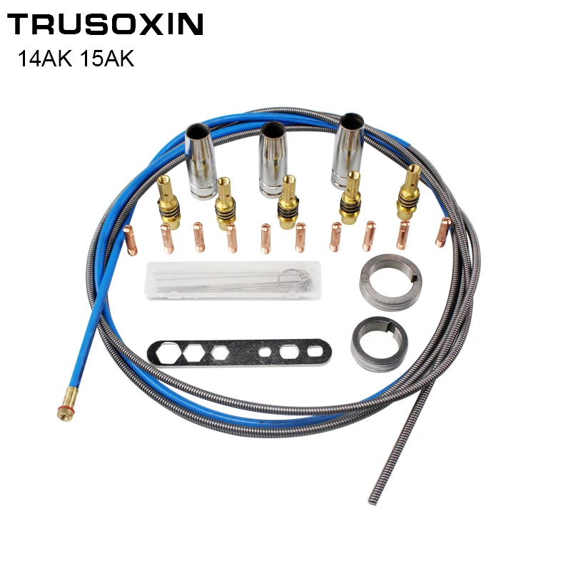 

23pcs 15AK 14AK Binzel Torch/Gun Consumables Electrode and Shield Cups and Link Rod Tips Wire Feeder Wheel Wire Feed Tube Needle