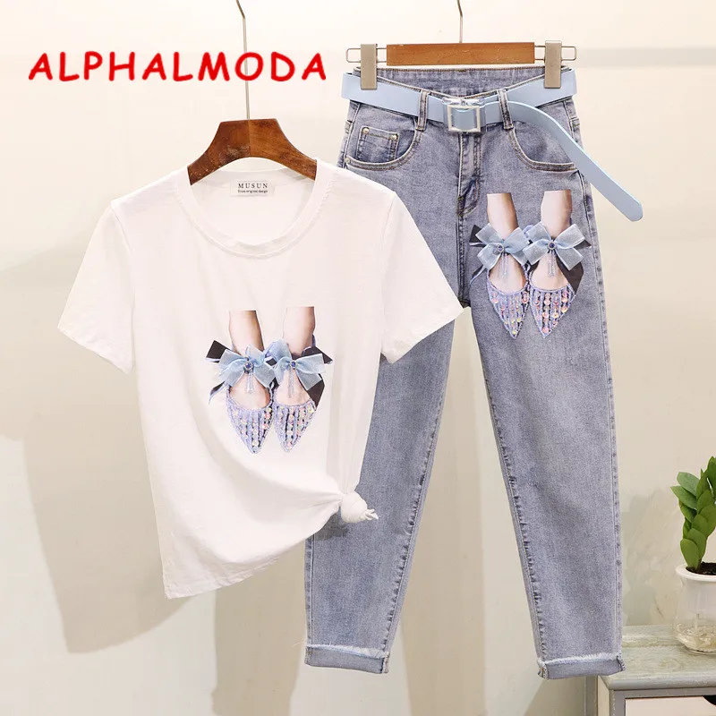 Женская джинсовая футболка ALPHALMODA с блестками и бантом стильная коротким рукавом