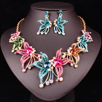 

New Luxury Big Flowers Jewelry Sets Wedding Necklace Earrings Sets Crystal Sets Women's Party Costume Jewellery Gifts for Women