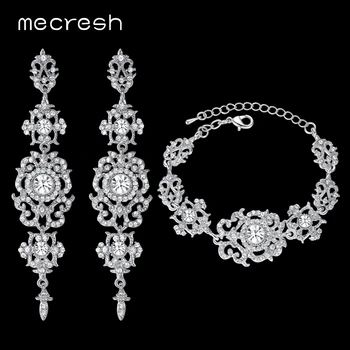 

Mecresh Gold Color Crystal Bridal Jewelry Sets Floral Pattern Long Earrings Bracelet Set 2018 Fashion jewelry SL031+EH182