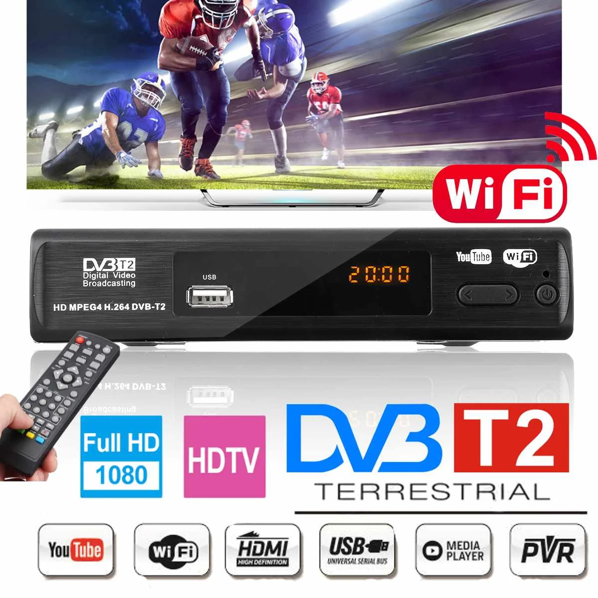

USB2.0 DVB T2 TV Tuner DVB-T2 Receiver Full-HD 1080P Digital Smart TV Box Support MPEG H.264 I PTV Built-in Russian manual