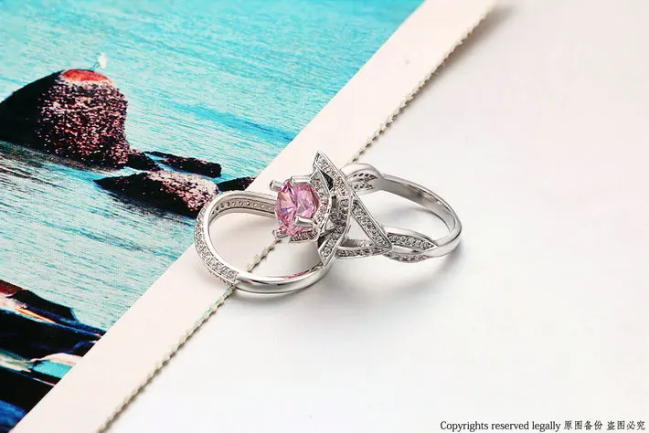 Double Fair Brand Cubic Zirconia Pink Stone Rings Sets Silver Color Fashion Wedding Crystal Ring Sets Women Jewelry DFR698