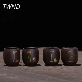 

4 Pieces yixing tea cups set chinese kung fu mugs ore purple clay 100CC Chinese culture zisha sand carvel drinkware 19.5