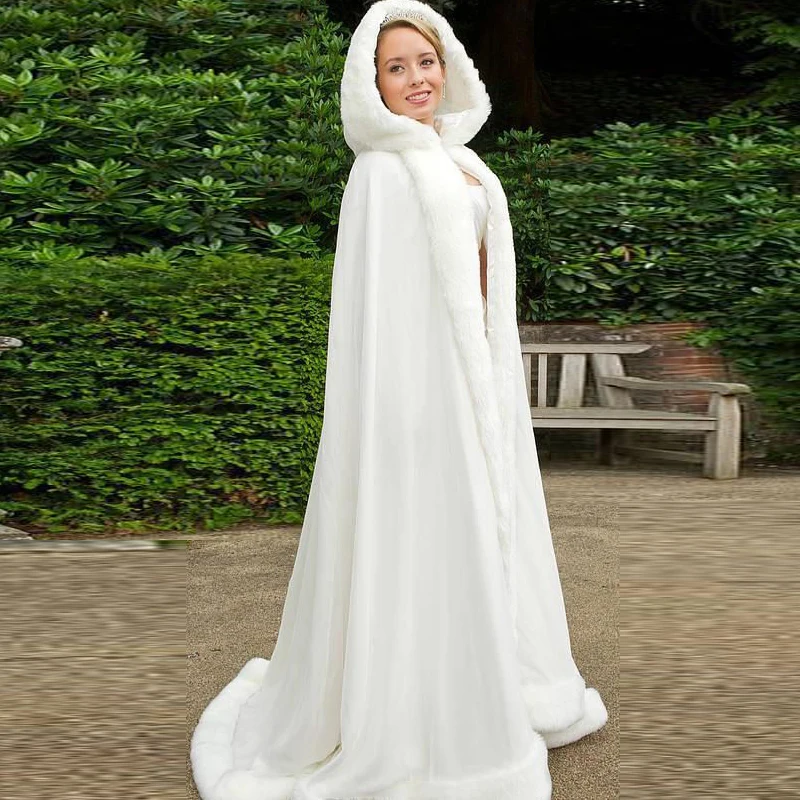 Élégant Capuche Cap Nuptiale Ivoire Blanc Longue De Mariage Manteaux En Fausse Fourrure Avec