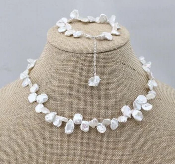 

charm Jew.656 Genuine keshi white freshwater pearl handmade exquisite necklace&bracelet 1 set