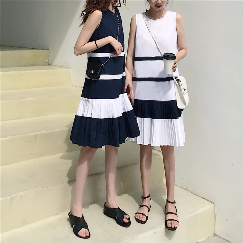 

Korean Summer Bow Pleated Party Dresses Women Sleeveless Sexy Vintage Knee-length Dress Vestidos 2019 Trendy Patchwork Dress