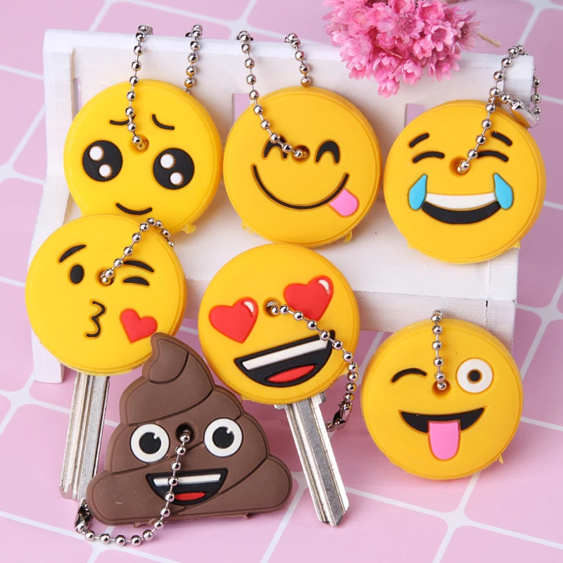 

10Pcs Cute Cartoon Emoji Silicone Keychain Women Man Key Cover Key Caps Key Ring Key Holder Baby Shower Kids Party Favor Gift