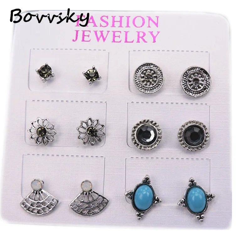 Bovvsky Cute Earring Sets 6 Pairs Set Round Square Ball Alloy Crystal