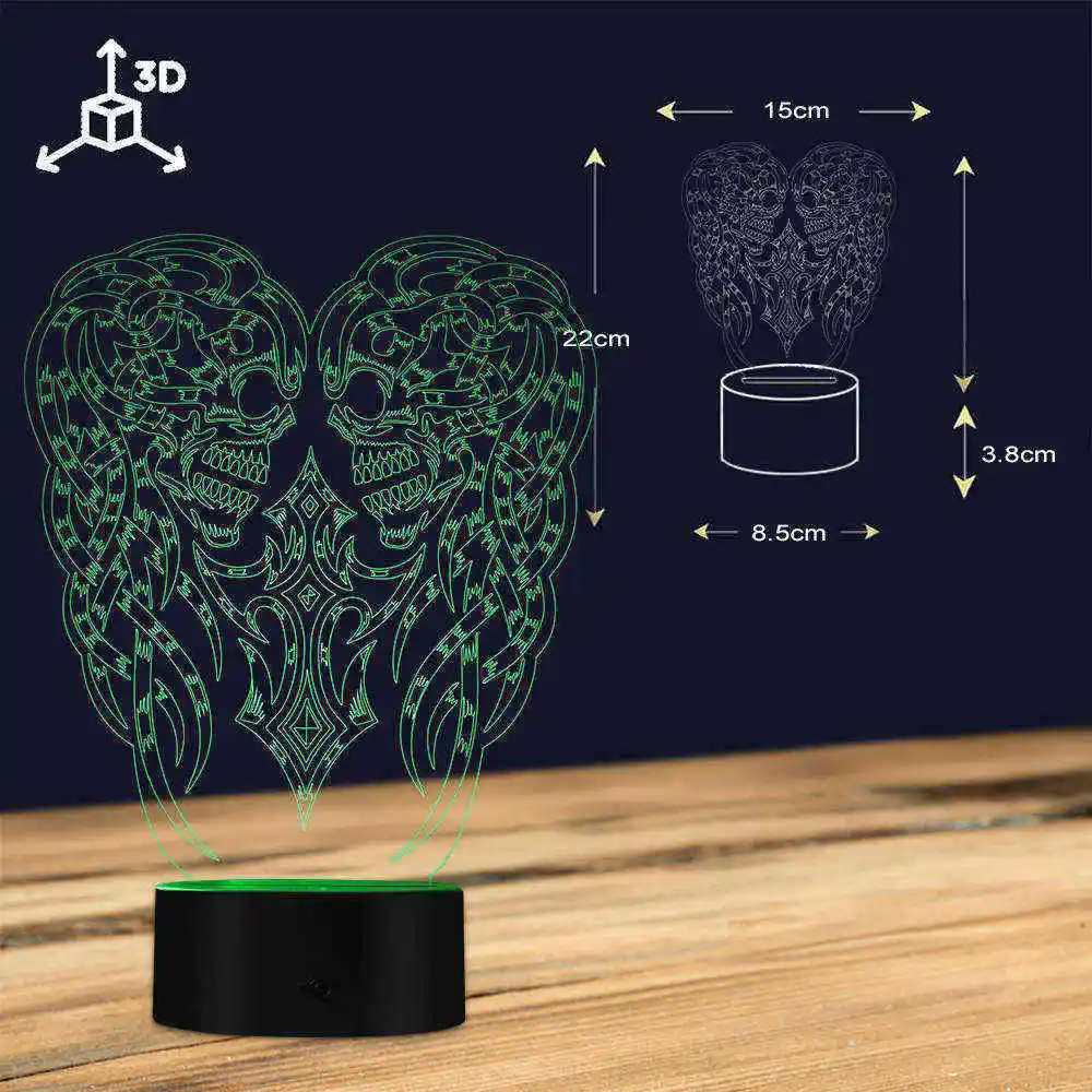 Хэллоуин злой двойной череп 3D иллюзия Лампа цвета меняющийся ночник светящийся