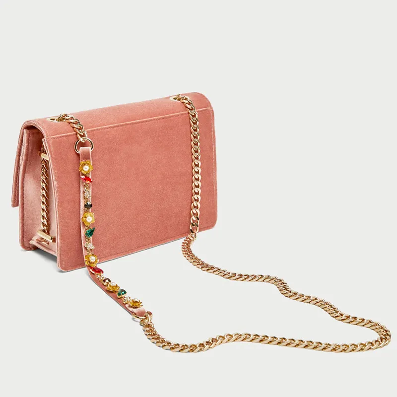 

Winter handbags 2017 new bags small square bag shoulder Beaded chain Messenger bag retro suede bag female