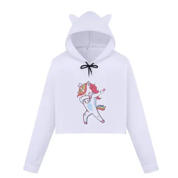 

2019 Autumn New Women's Crop Top Hoodies Unicorn Animal Dance Kpop Print Kawaii Harajuku Long Sleeve O Neck Warm White Sweatshir
