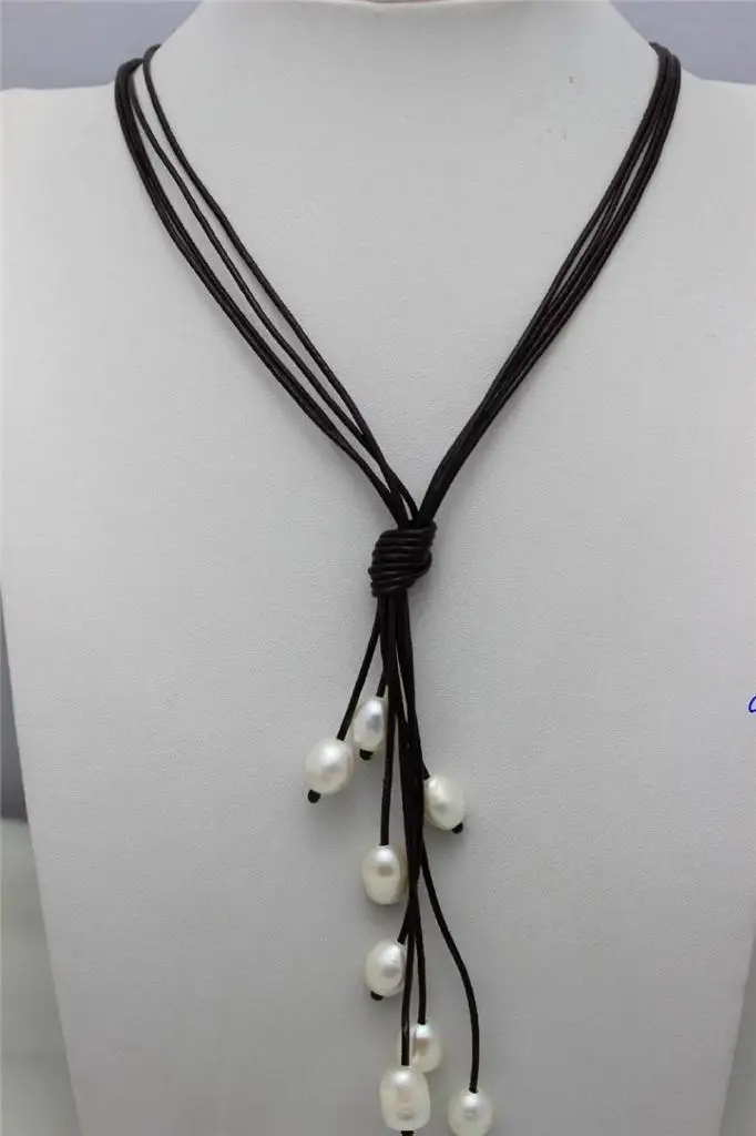 

Free Shipping >>>>>brown Genuine Leather white Freshwater Pearl necklace"Handmade"Alloy 21