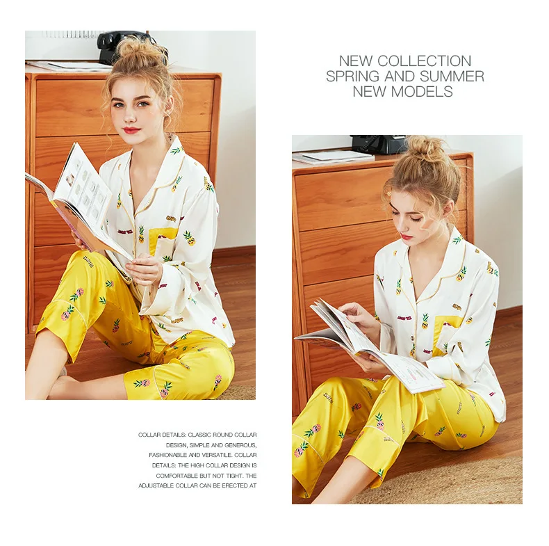 Roupas de Decoração para Casa Terno de Papel Padrão Imitar Seda Real Senhora Pijamas Novos Produtos Primavera Verão Mangas Compridas Dois Tz1059 17 Produtos Primavera Verão Mangas Compridas Roupas de