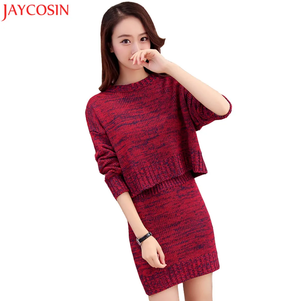

Knitted Suit 2017 Winter Women Sweater Set Long Sleeve O-Neck Solid Elastic Waist Pencil Skirt Top 2 Piece Sets Womens Outfits