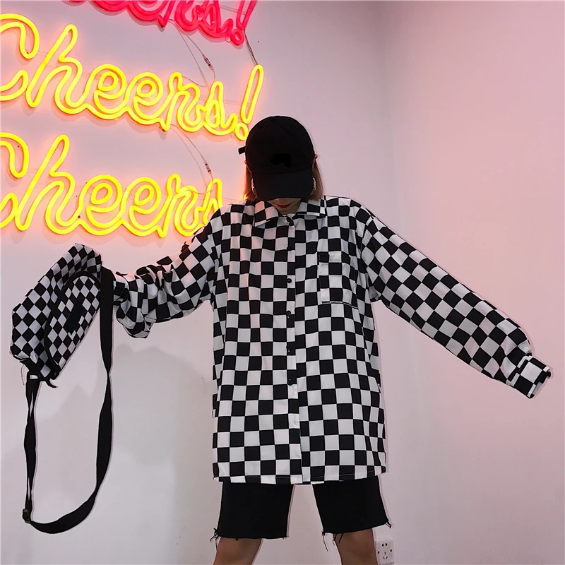 Женская/Мужская свободная негабаритная Корейская уличная винтажная Клетчатая блуза с карманом в клетку Harajuku Топ с длинным рукавом рубашка хип-хоп рэп