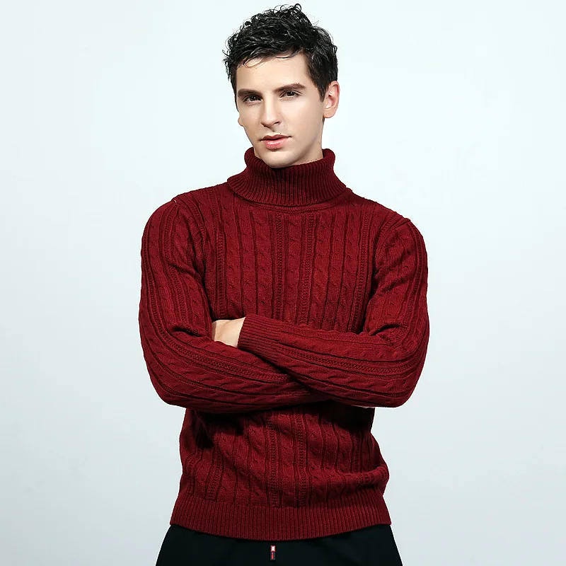 Мужской свитер с высоким воротом, однотонный теплый мужской пуловер, Свитера для молодых студентов, Мужская трикотажная одежда с двойным воротником, черный и красный цвета