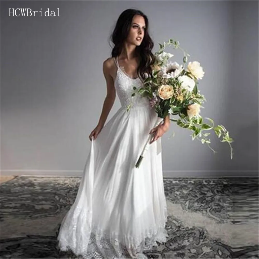 

Robe De Mariee 2019 Simple Lace Chiffon Wedding Dresses Spaghetti Strap A Line Floor Length Long Bridal Dress Cheap