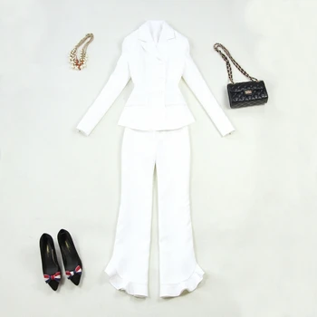 

Stretch large size women's 2019 spring and summer white Slim suit flared pants set female temperament solid color wild two-piece
