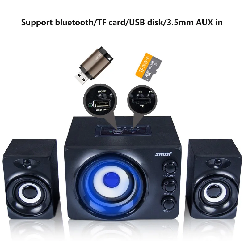 

SADA Q2 220V Power 2.1 3 Channel Stereo Computer Combination Speakers Bluetooth\USB Disk\TF Card\AUX in With Colorful LED