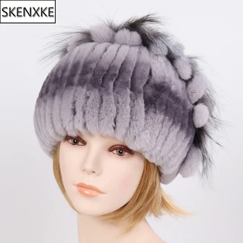 

New Lady Knitted Good Elastic 100% Natural Fur Hats Winter Warm Real Rex Rabbit Fur Caps Russsian Women Fluffy Genuine Fur Cap
