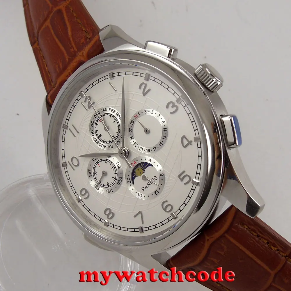 44mm parnis white dial silver numbers automatic movement mechanical multi-function mens watch P117 44mm parnis white dial silver numbers automatic movement mechanical multi-function mens watch P117