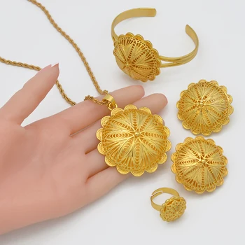 Ethiopian Jewelry sets Pendant Necklaces Earrings Ring Bangles for Womens Gold Color Eritrean African Bride Gifts - Image 4