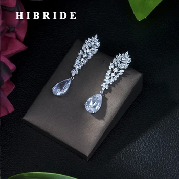 

HIBRIDE Top Quality Cubic Zirconia Setting 7cm Big White Gold Color Earrings Long Stud Flower Shape Women Luxury Jewelry E-524