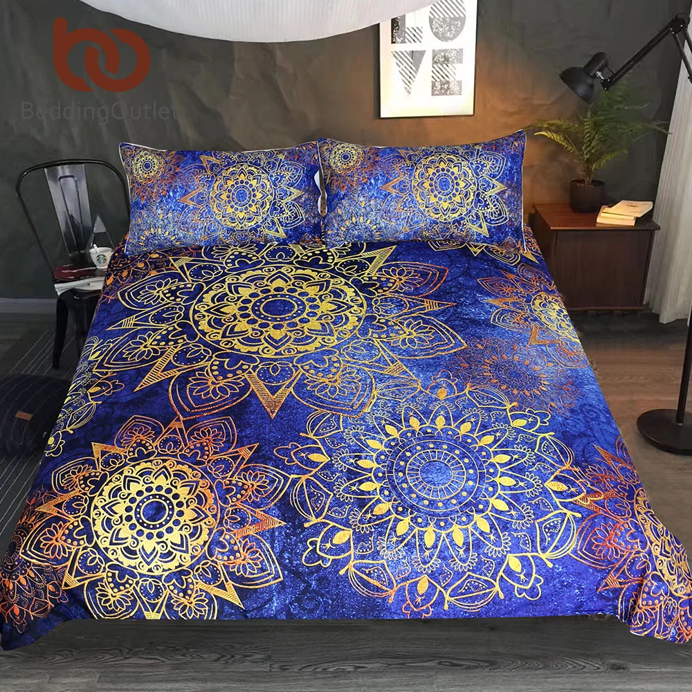 

BeddingOutlet Mandala Bedding Set Blue Golden Flowers Duvet Cover With Pillowcases Floral Luxurious Bed Set Bohemian Bedspreads