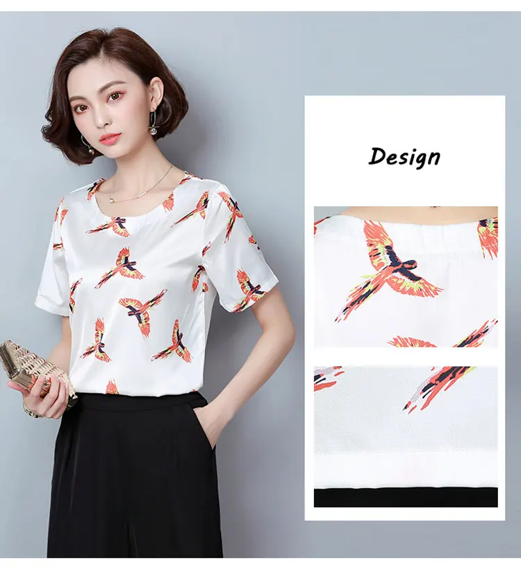 New Summer Tops Ladies 2018 Fashion Birds Print Blouses Women Short Sleeve Chiffon Blouse Shirt Casual Large Size Blusa Mujer Ete (3)