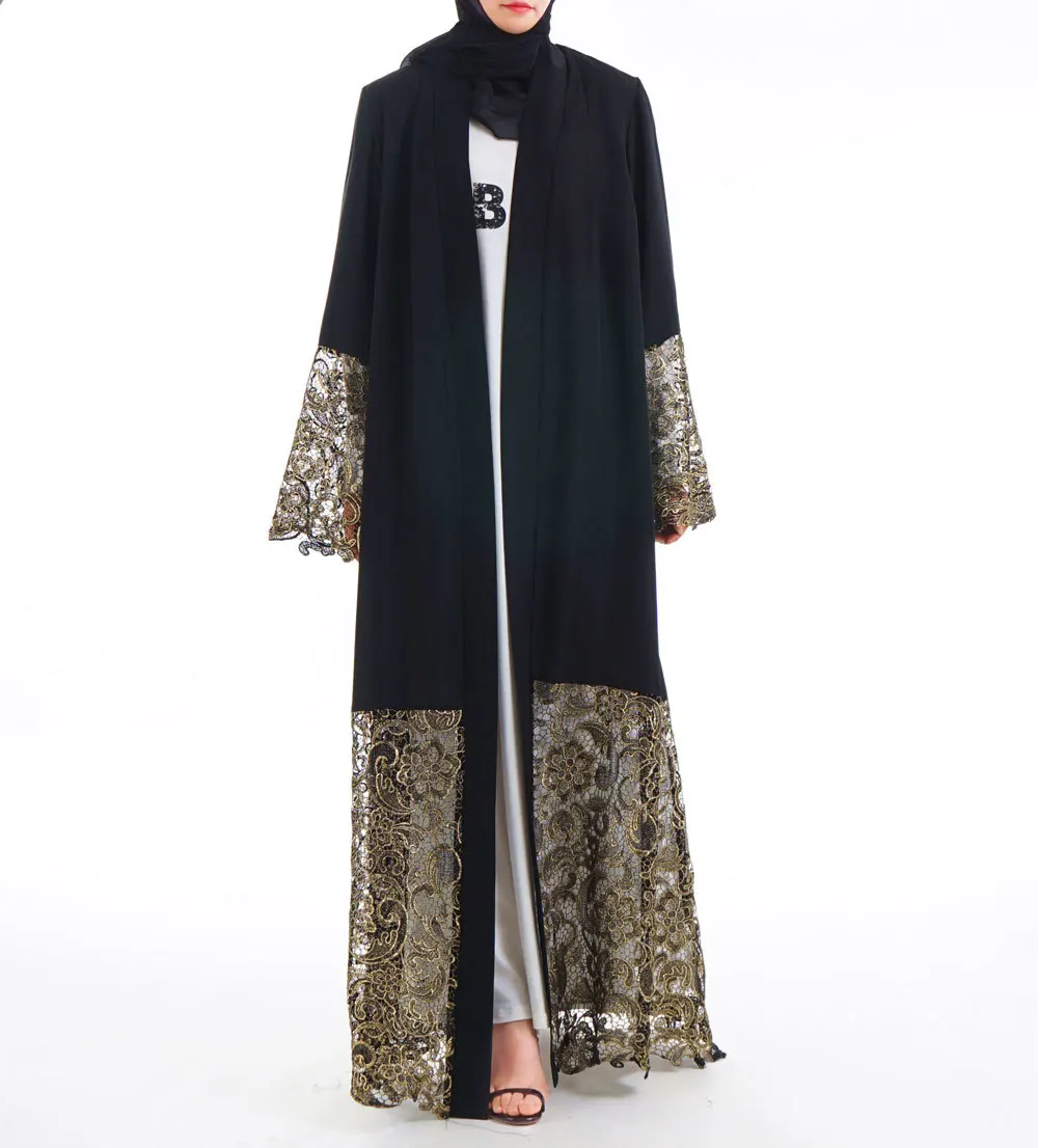 Черная, лазерная обработка кружево мусульманское платье-Абая исламской Для женщин Малайзии джилбаба Djellaba халат мусульманин турецкий Baju открытым кимоно кафтан