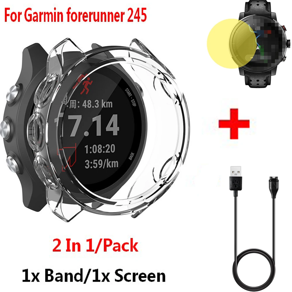 

3 In1 Smart Watch Cover For Garmin Forerunner 245 Band Protective Case, USB Charger Cable for Garmin Forerunner 245 Screen Film