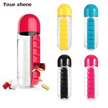 2 in 1 Portable Medicine Organizer Water Bottle Outdoor 7 Compartments Pill Box With Drinking Bottle