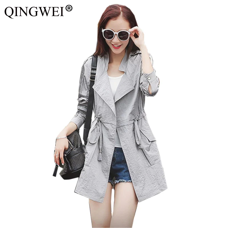 

QINGWEI 2019 New Spring Summer Women Trench Coat Fashion Sun UV protection thin Windbreaker Coat Casual Outerwear