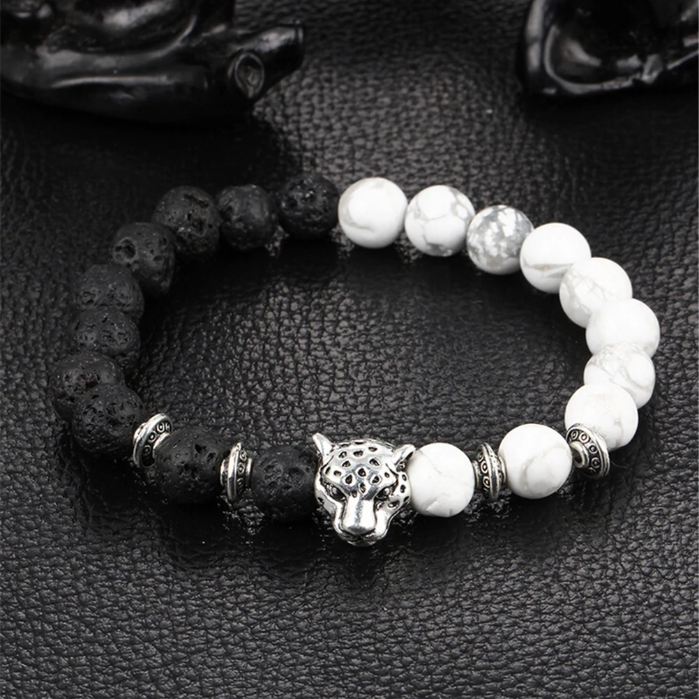 

1Pc Men Women White Black Weathering Natural Stone Beads New stlye Bracelet With Leopard Lava Stone Approx.19 cm/7.48 in