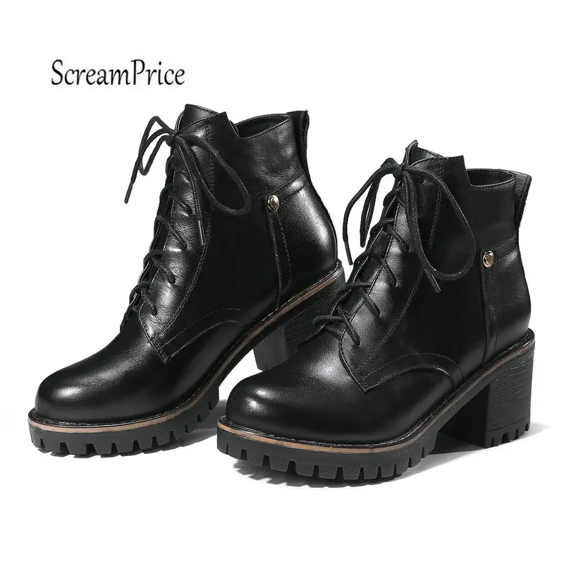 

Women Platform Boots Thick Heel Ankle Boots Soft Black Pu Leather Lace Up Fashion Boots Autumn Winter Plus Size Shoes 2018 New