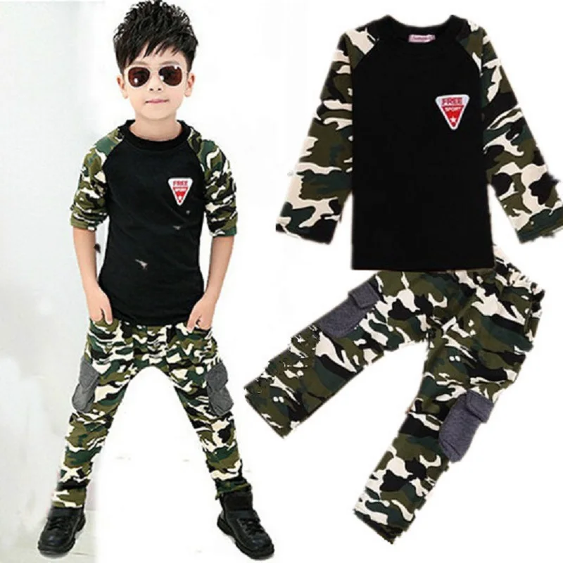 

2PCS Camouflage tops+pants cotton T shirt boys girls tracksuit baby boys clothing kids clothes girls for 2 3 5 6 8 9 years boys
