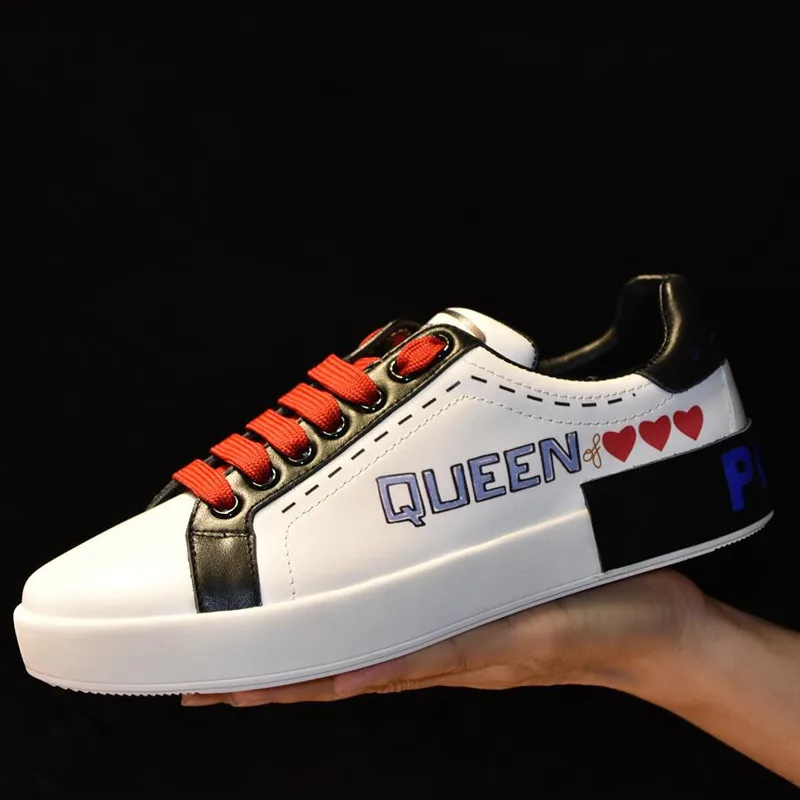 

Fashion women's shoes red heart-shaped sports spring and autumn models poker queen white platform shoes flat shoes graffiti