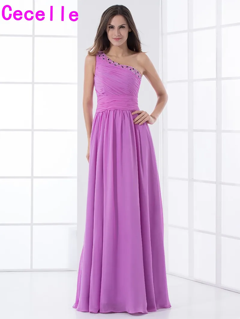 Lilac Chiffon Long Bridesmaid Dresses One Shoulder Pleats Chiffon