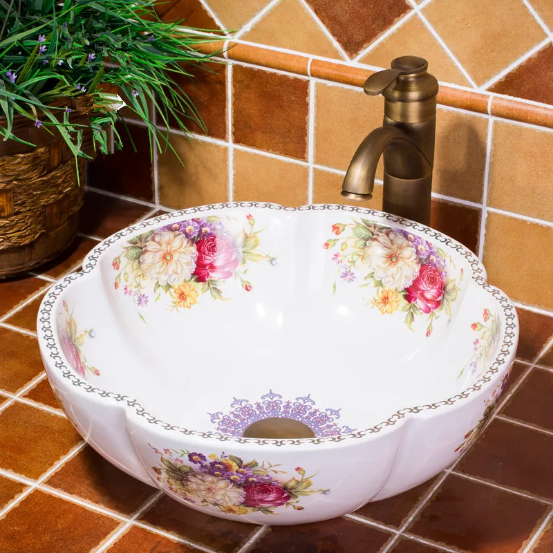Цветочная Форма для ванной комнаты китайская ручная работа Европа винтажная керамическая раковина для ванной Lavabo раковина для умывальника с золотым цветом