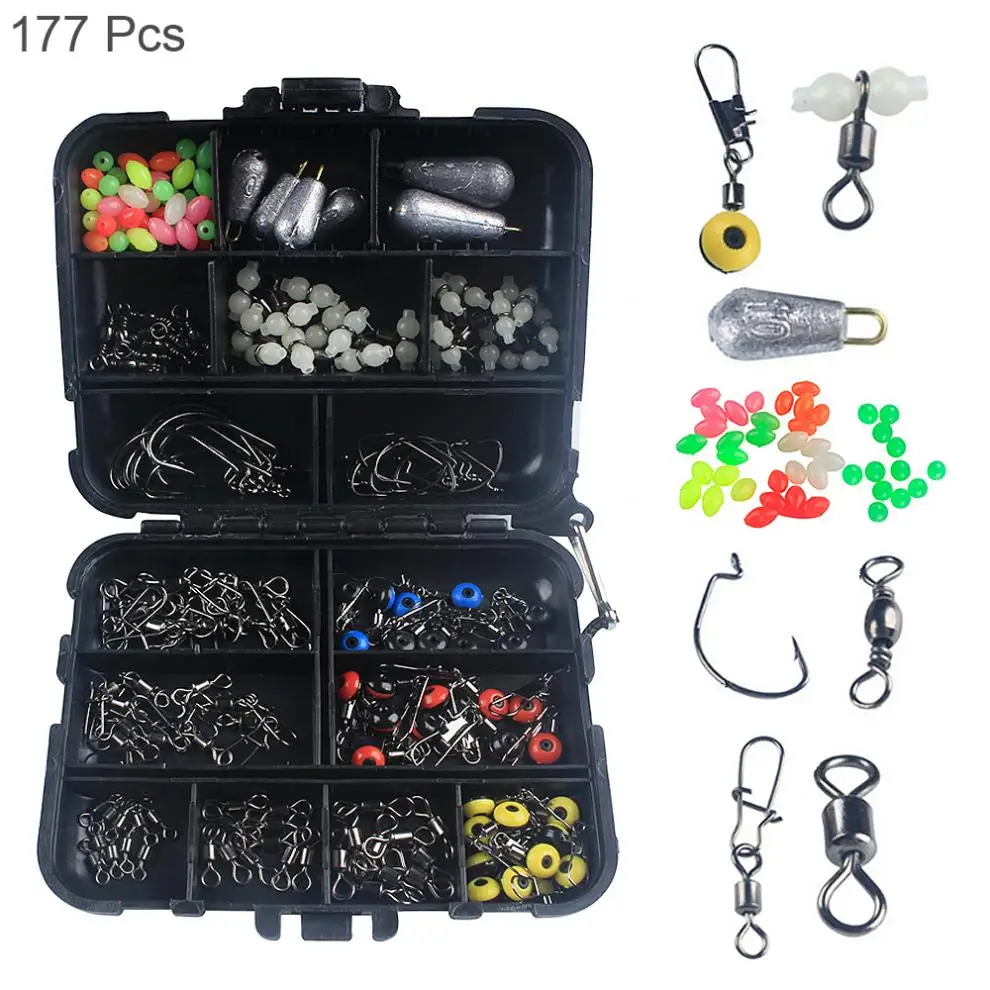 

177pcs Fishing Accessories Set Crank Hook Snaps Rolling Swivel Connector Luminous Fishing Beads Sinker Weights with Tackle Box