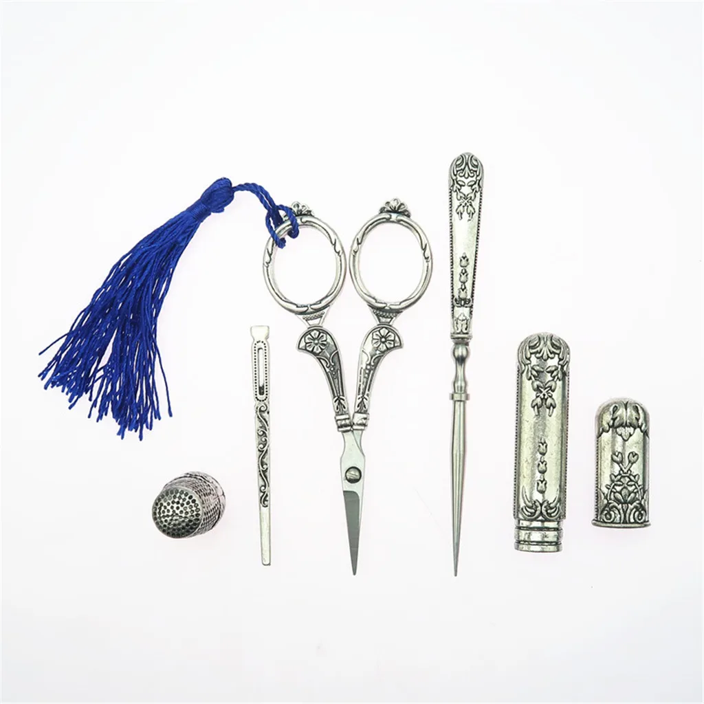 6pcs European Vintage Silver Embroidery Sewing Scissors Thimble Needle Case