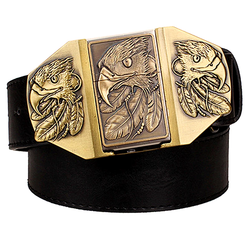 

Men's belt with lighter male kerosene lighter belt metal buckle eagle punk rock style strap for men gift belt cigarette lighter