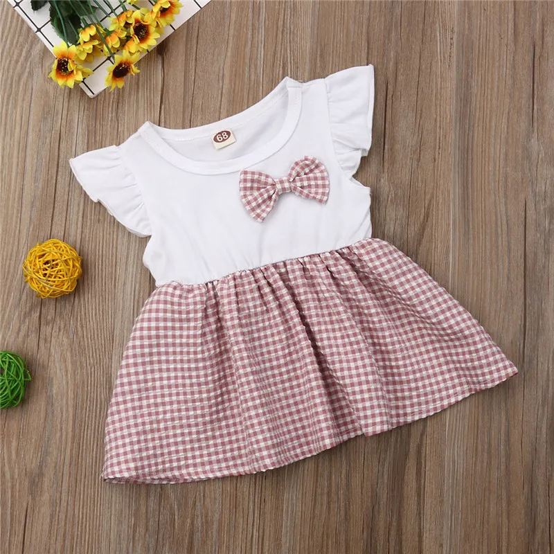 

Sweet Newborn Toddler Baby Girls clothes Summer round neck sleeveless Ruffle kids Cotton Bow Plaid Mini Dresses one pieces