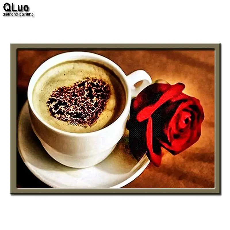 

Qluo 5d Diamond Painting Rose Coffee Full Drill Cross Stitch Diamond Embroidery Flowers Rhinestones Diamond Mosaic Needlework