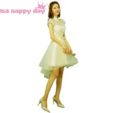 Короткое спереди длинное сзади цвета шампанского модное элегантное платье размера плюс для женщин Формальное коктейльное платье с высоким вырезом и низким вырезом H4267