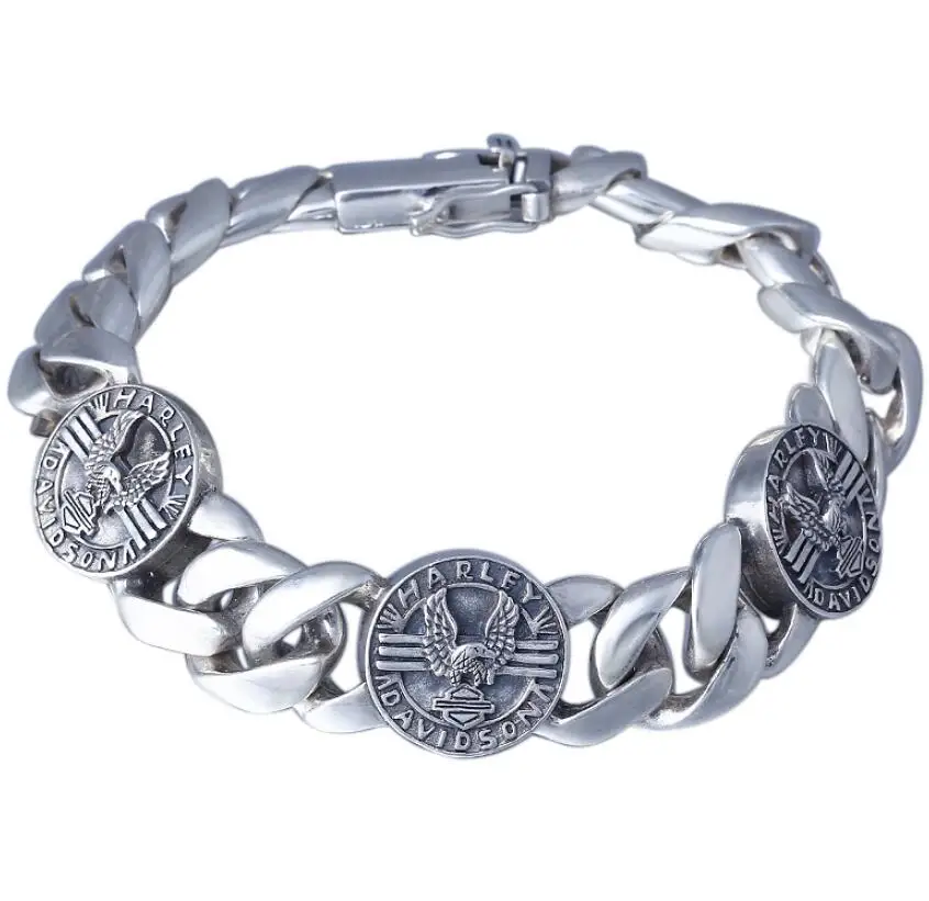 925 пробы серебряный Ретро Серебряный Мужской звено цепи круглый диск большой плоский S925 браслет