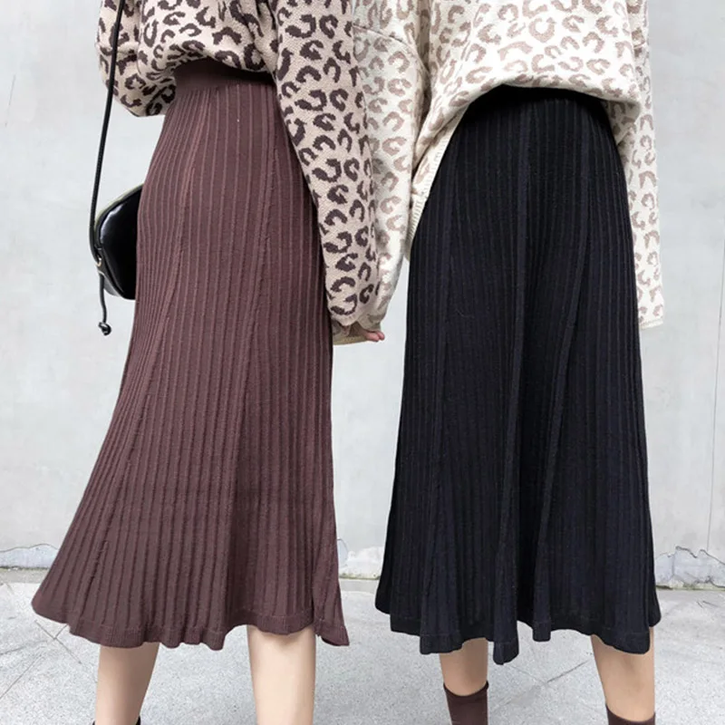 Winter Women Midi Skirts Korean Casual Ladies Solid Knitted Knit Thick A-line Flare High Waist Sweater Skirt Women