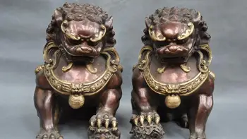 

11'' China Fengshui Foo Dog Lion Door Guardian Family Bronze Statue