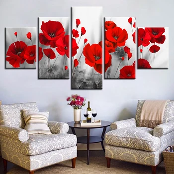 

5 Pieces Romantic Poppies Paintings Red Flowers Poster Modular Canvas Printed Pictures Living Room Wall Art Framework