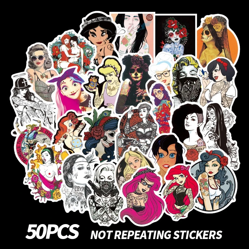 

Hot 50pcs Funny Creative Tattoo Girl 3D Sticker Notebook Motorcycle Dead Fly Skateboard Blue Waterproof Easy To Tear Stickers